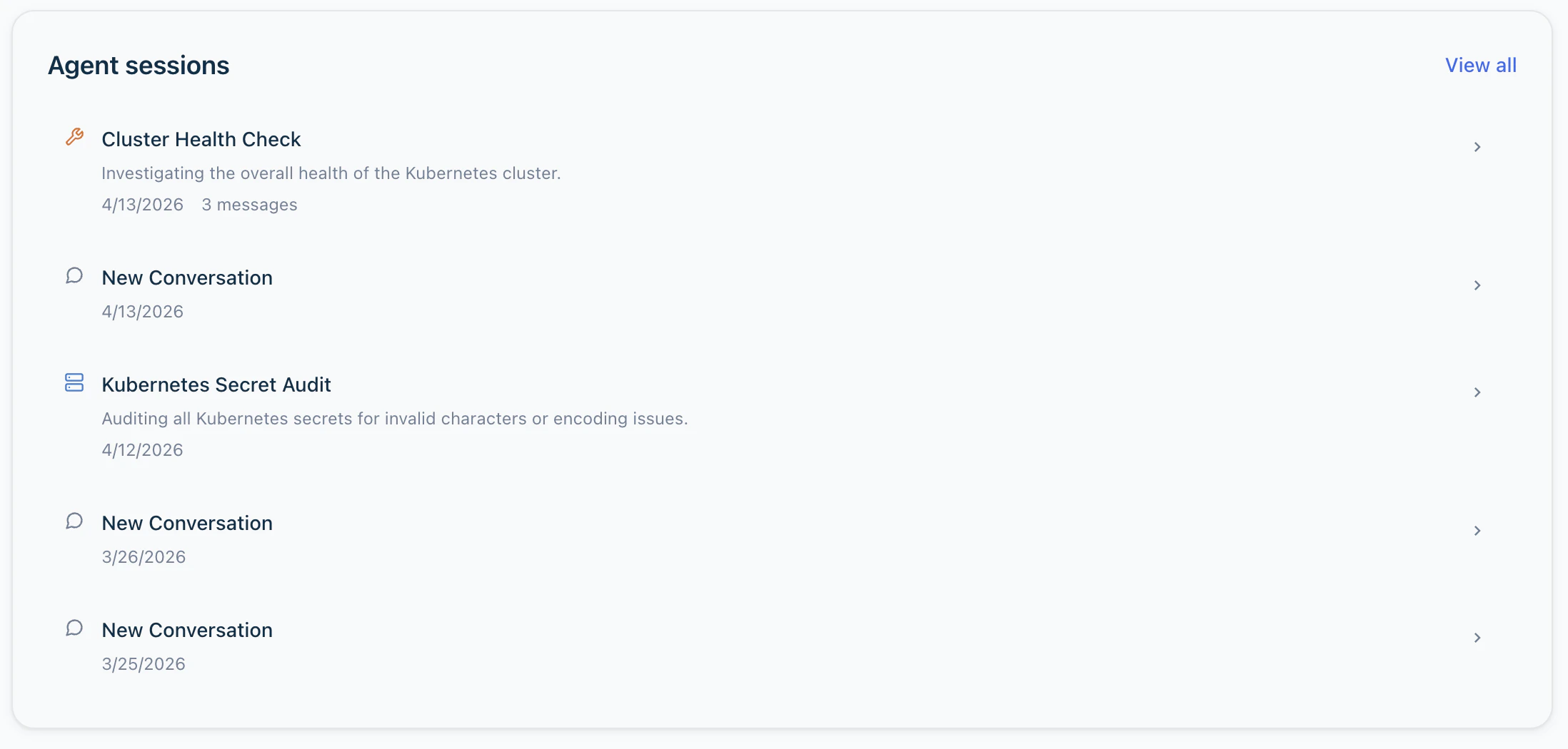 Agent sessions panel showing recent chat conversations with titles, dates and message counts