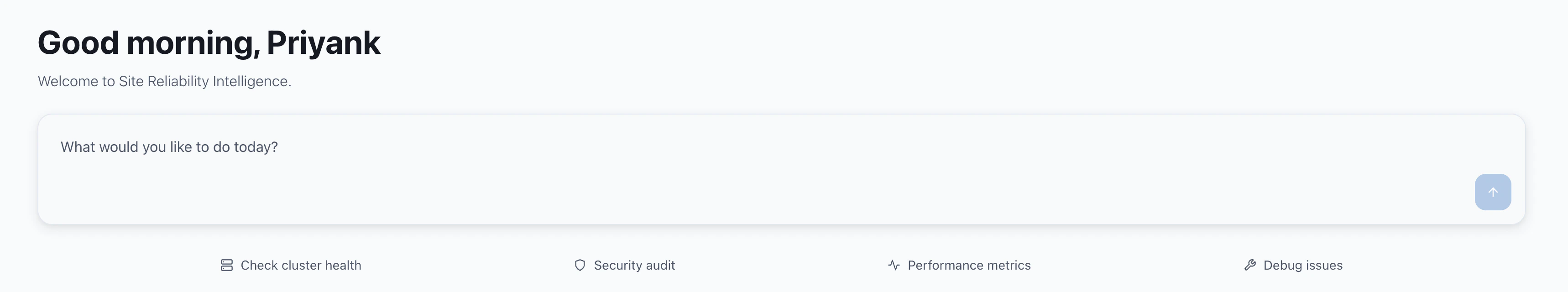 Dashboard greeting with chat input and quick action pills