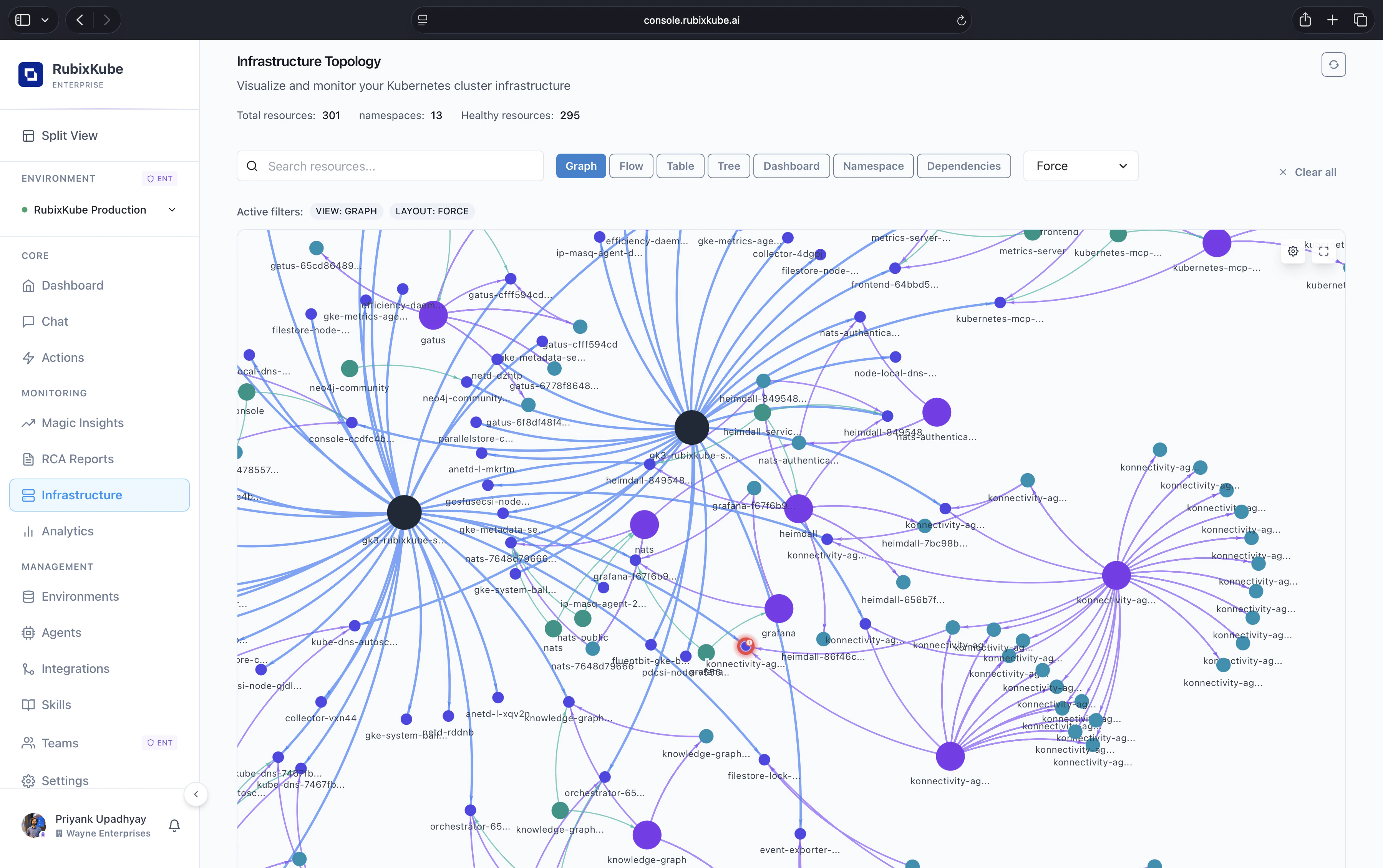 Infrastructure Topology with 301 resources across 13 namespaces in a force-directed graph. View toggles for Graph, Flow, Table, Tree, Dashboard, Namespace, and Dependencies.