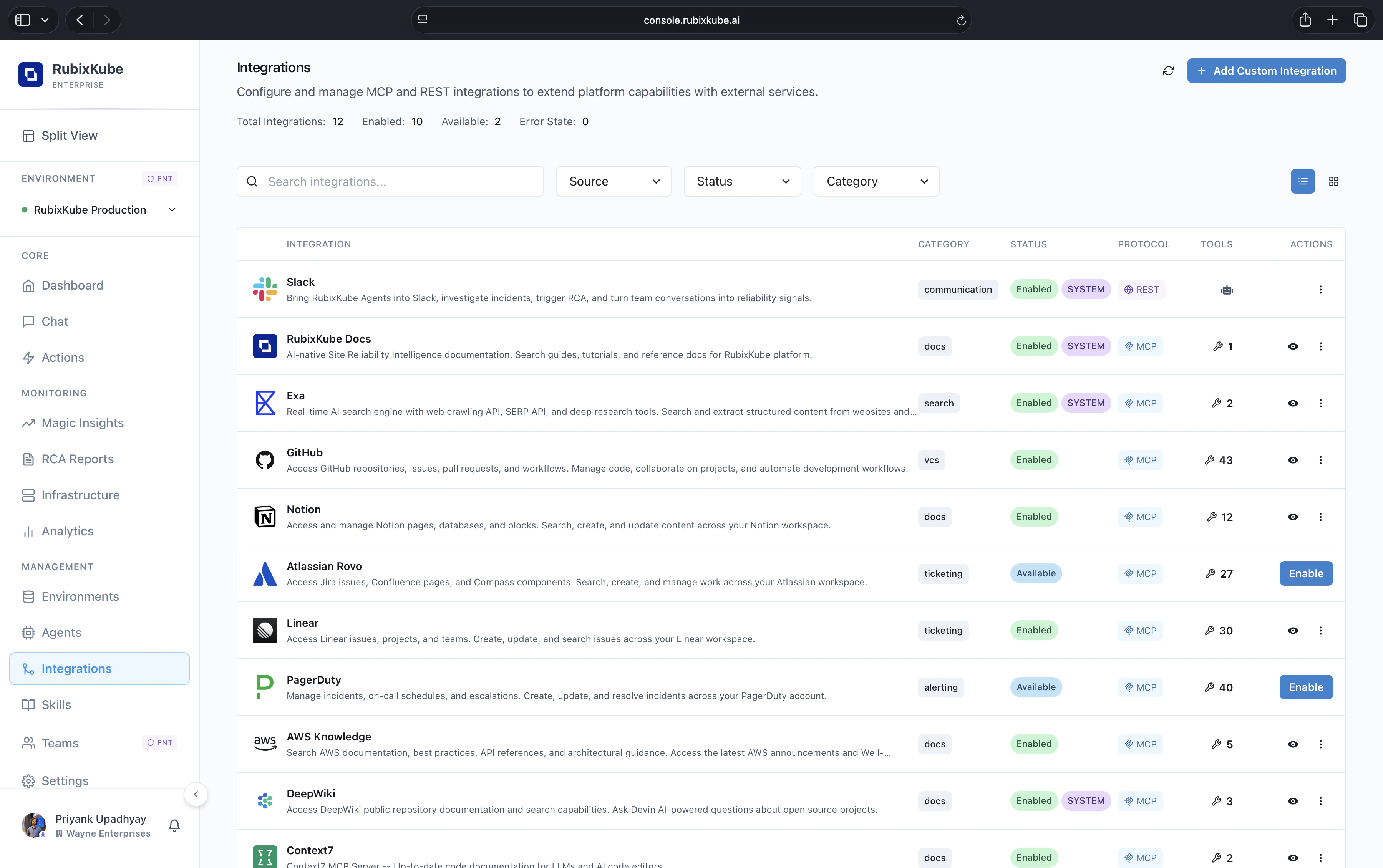 Integrations page with counters for total, enabled, available, and error state. Rows for Slack, RubixKube Docs, Exa, GitHub, Notion, Atlassian Rovo, Linear, PagerDuty, AWS Knowledge, DeepWiki, and Context7 with protocol and tool badges.