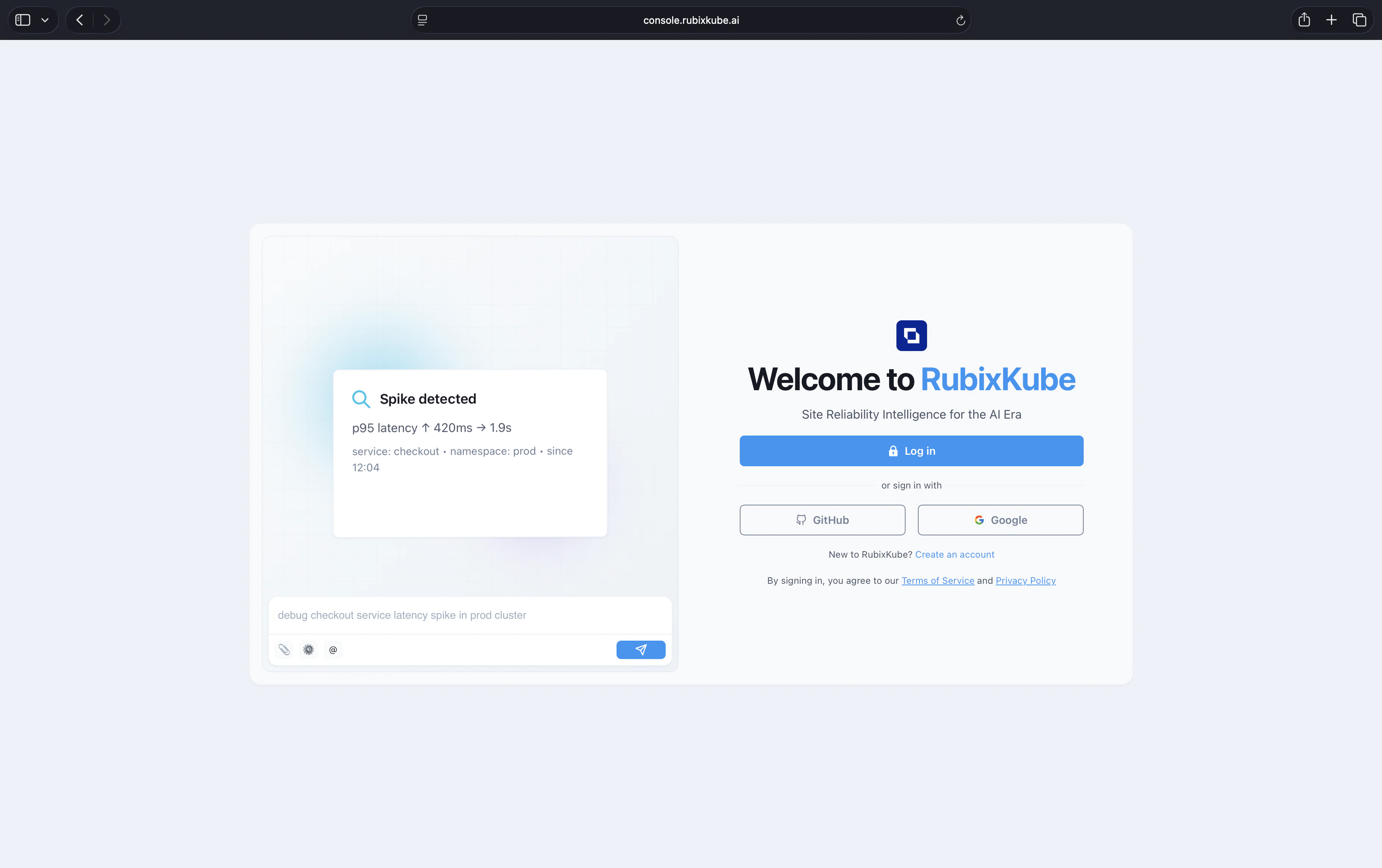 RubixKube welcome screen at console.rubixkube.ai with options to log in with email, GitHub, or Google, next to an example spike-detected card.