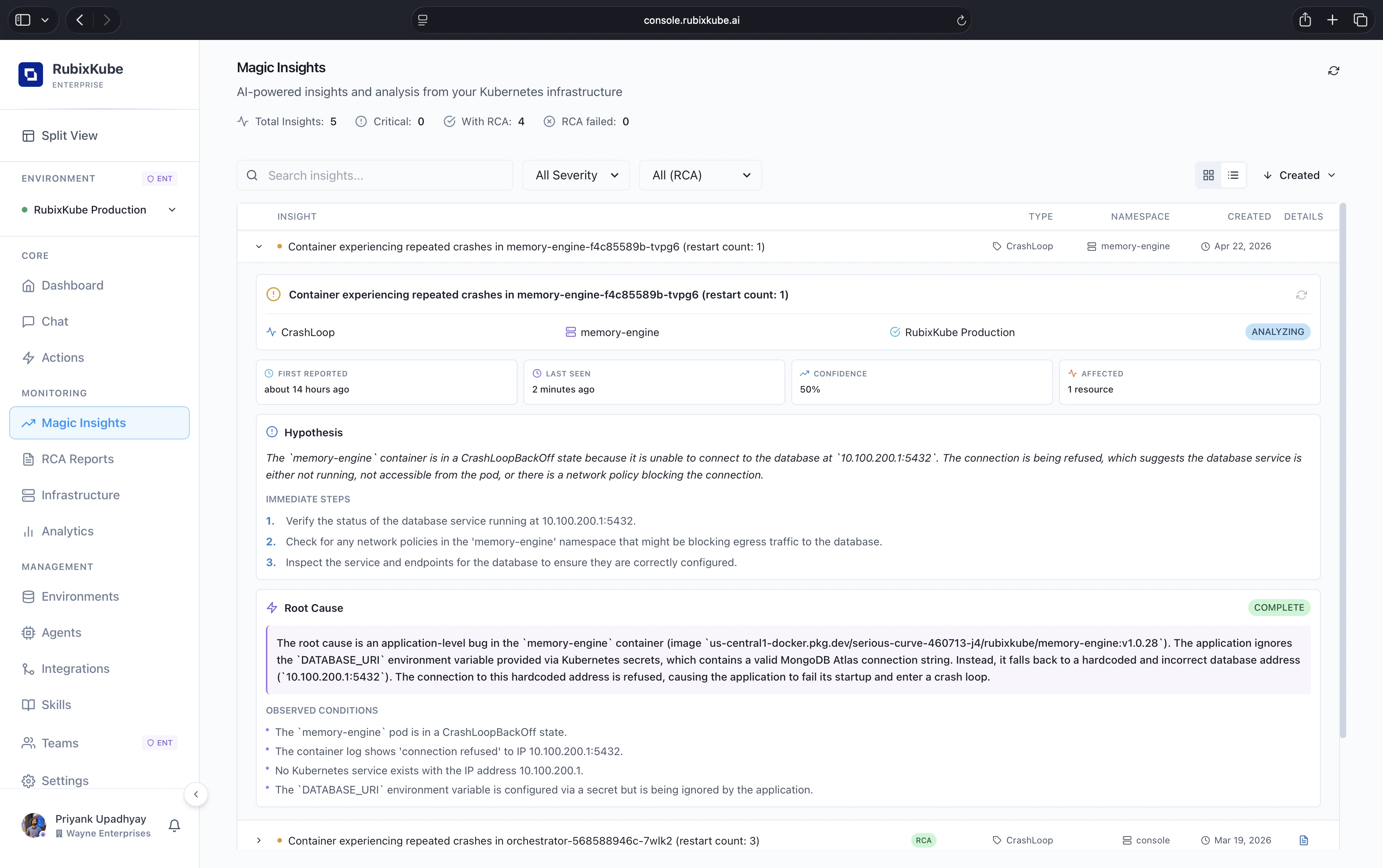 Magic Insights page with counters for Total Insights, Critical, With RCA, and RCA failed. An insight is expanded showing Hypothesis, Immediate Steps, Root Cause, and Observed Conditions.