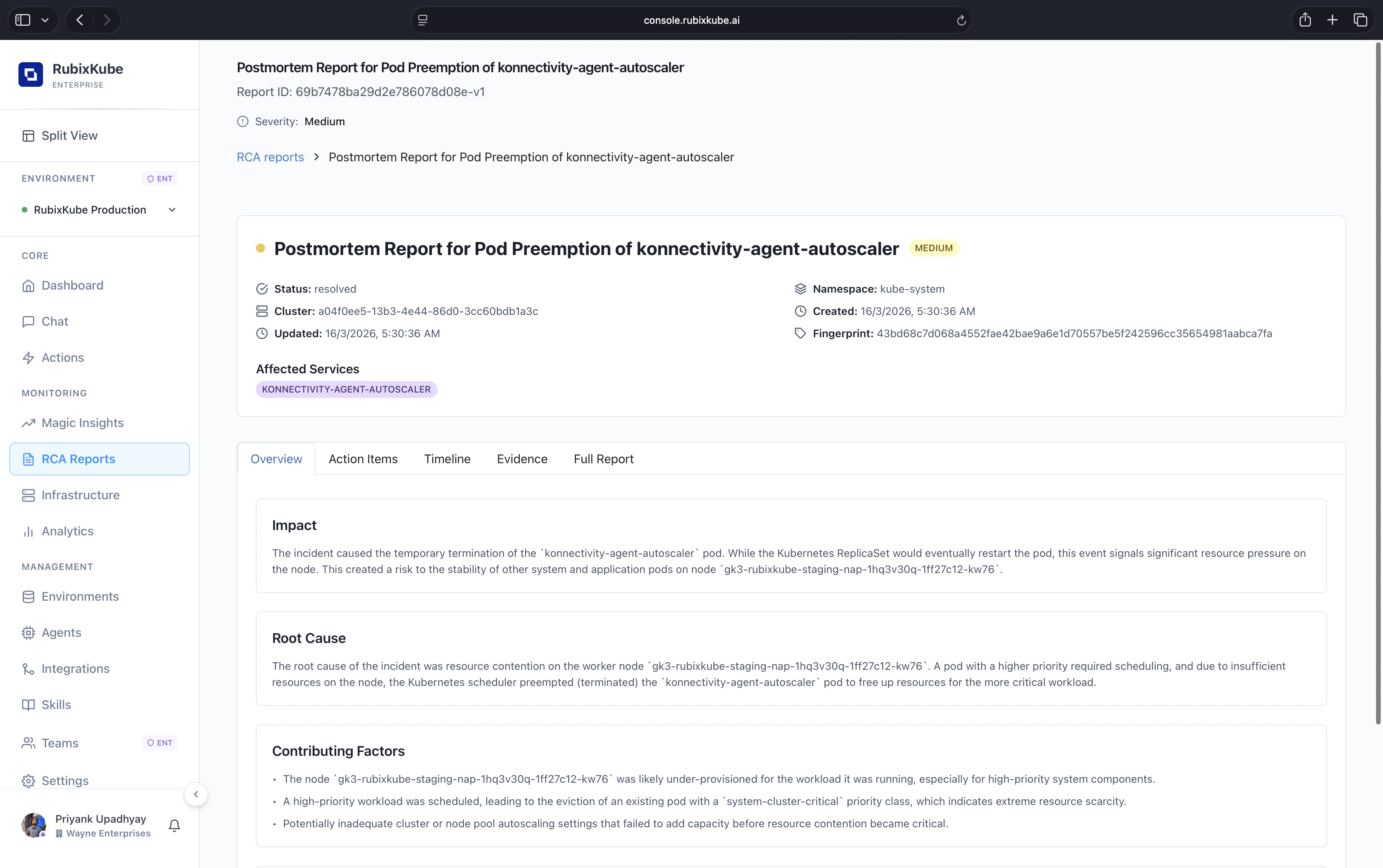 RCA Report for pod preemption. Header with severity, cluster, namespace, and fingerprint. Tabs for Overview, Action Items, Timeline, Evidence, and Full Report. Impact, Root Cause, and Contributing Factors filled in.