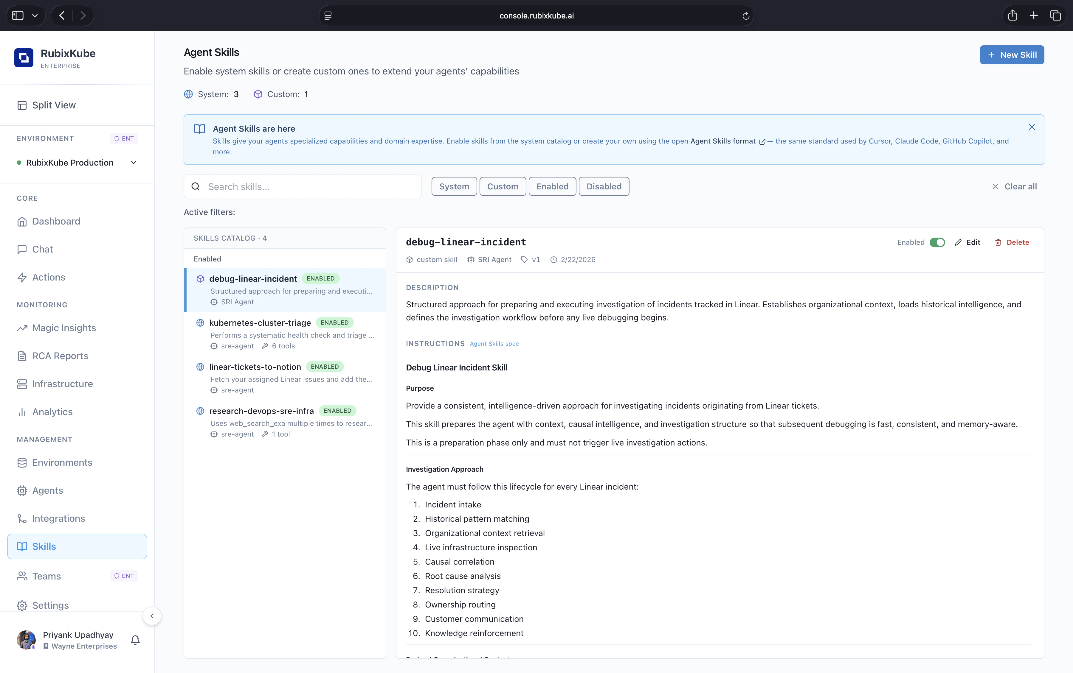 Agent Skills page with System and Custom counters, skills catalogue on the left, and a skill open on the right showing description and agent instructions.