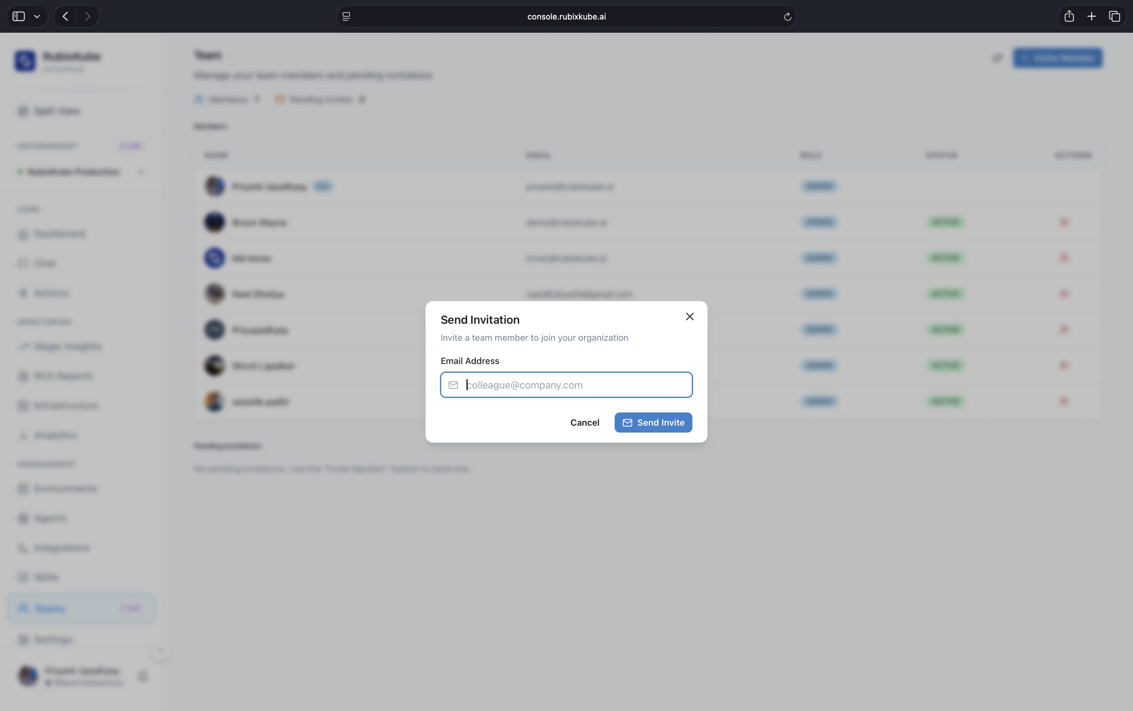 Team management page with a list of current members, a Send Invitation modal open for adding a new member by email, and Members and Pending Invites tabs.