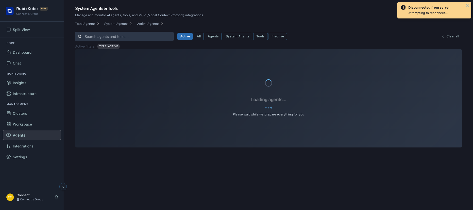 Agents page showing system agents