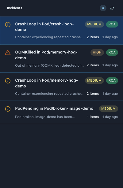 Incident list showing 4 incidents