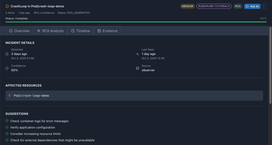 Incident detail view showing Overview tab