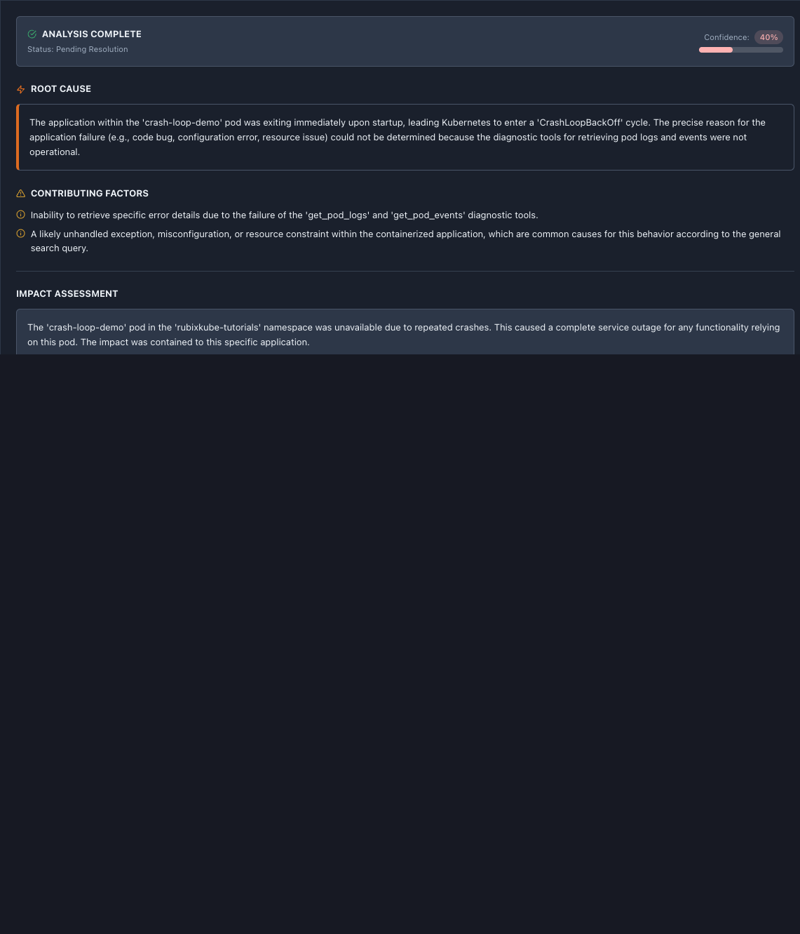 RCA Analysis tab showing root cause, factors, and impact