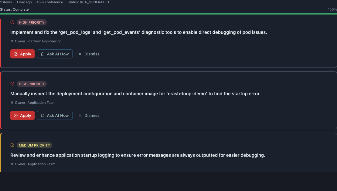 Recommended Actions section with priority and action buttons