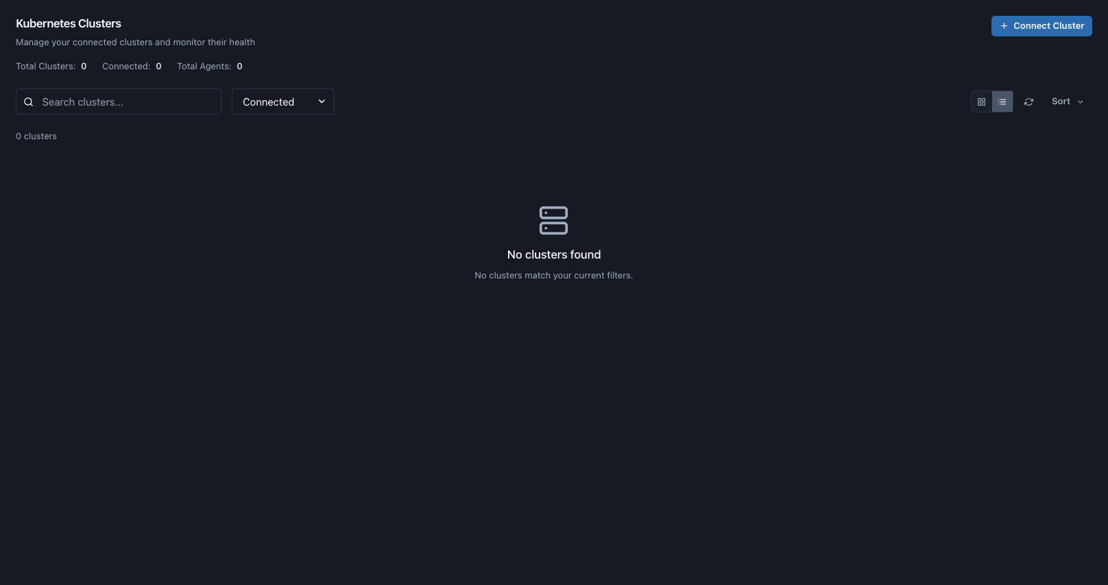 Clusters header with Connect Cluster