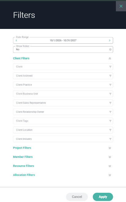 The Filters drawer with Date Range, Show Notes, and the Client, Project, Member, Resource, and Allocation filter groups