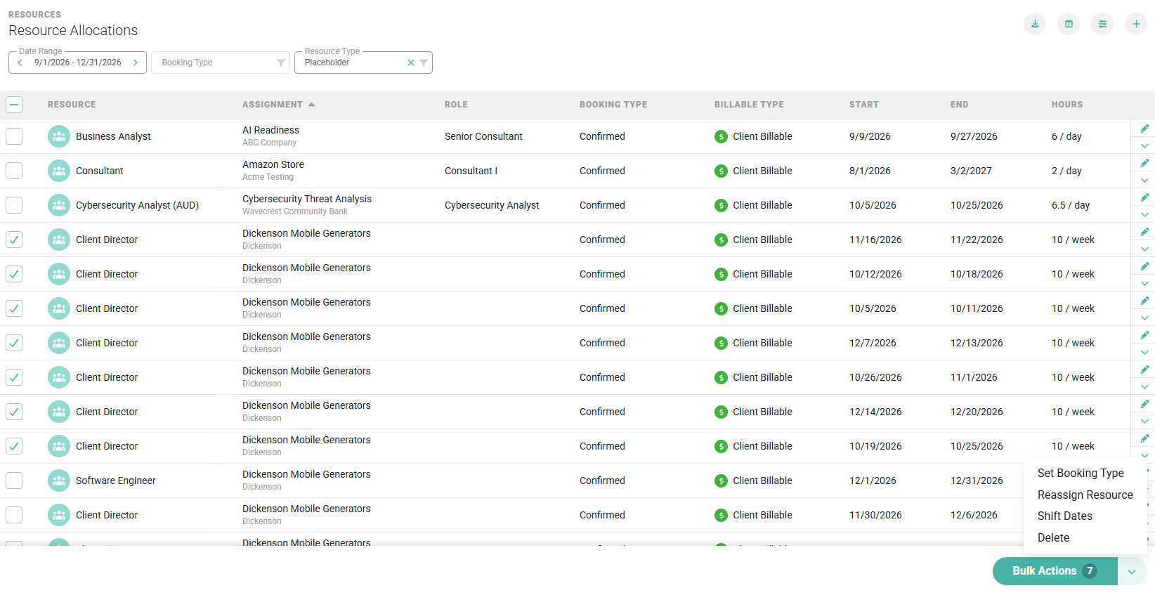 Selecting Rows Opens the Bulk Actions Bar, with the Set Booking Type, Reassign Resource, Shift Dates, and Delete Actions