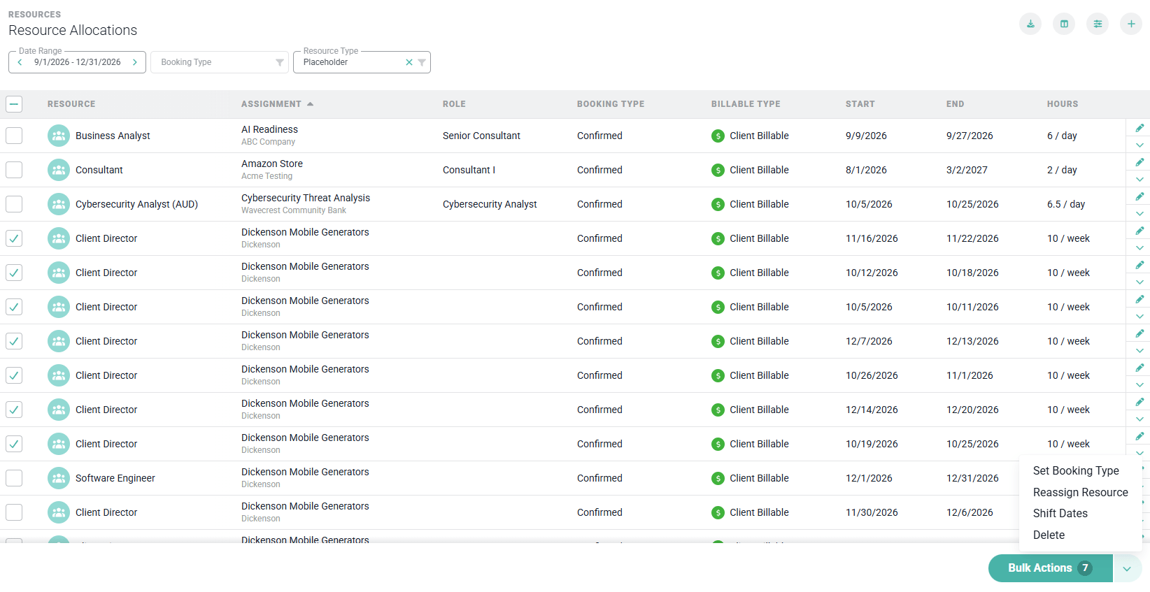 Selecting Rows Opens the Bulk Actions Bar, with the Set Booking Type, Reassign Resource, Shift Dates, and Delete Actions