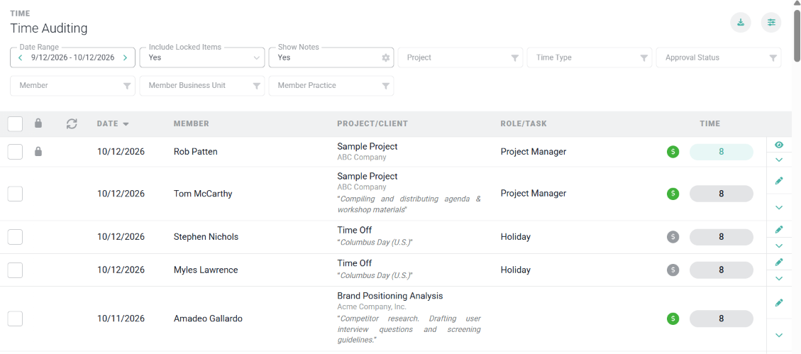 Time Auditing screen with Show Notes set to Yes, showing each entry's notes below its project and client