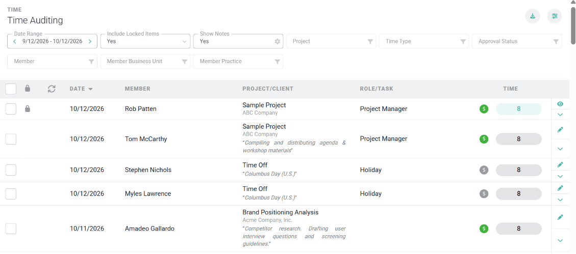 Time Auditing screen with Show Notes set to Yes, showing each entry's notes below its project and client