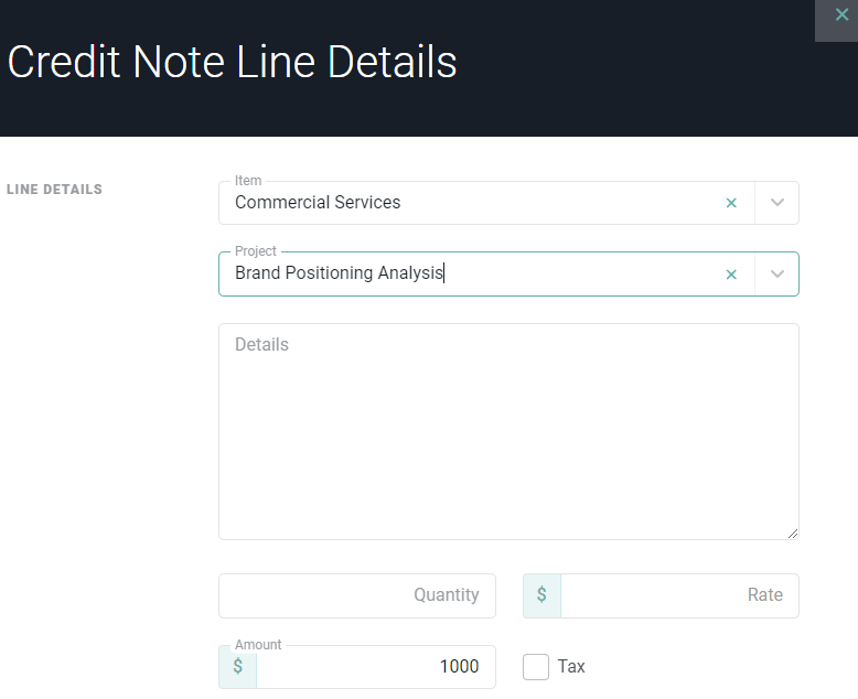 Associate a Project and Revenue Type with a Credit Note Line Item and Edit Other Details