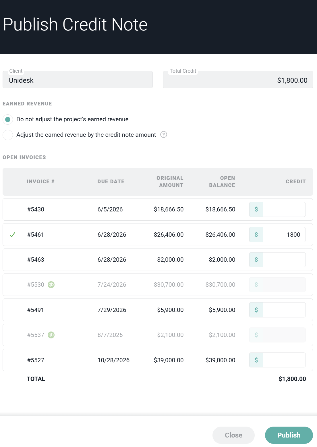 Applying the Credit Note Value to Open Invoice(s) and Choosing How to Handle Earned Revenue