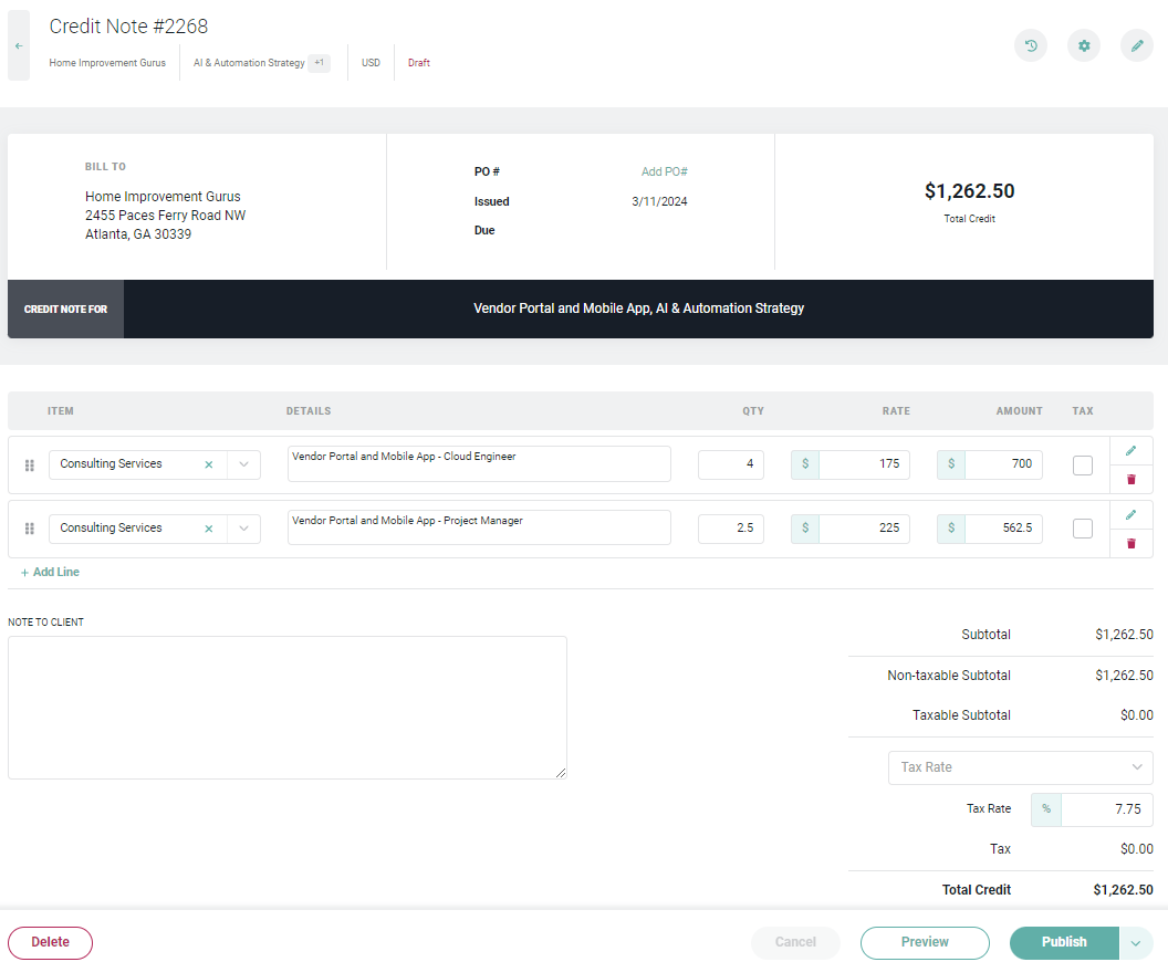A Draft Credit Note Contains Items and the Amount to be Credited