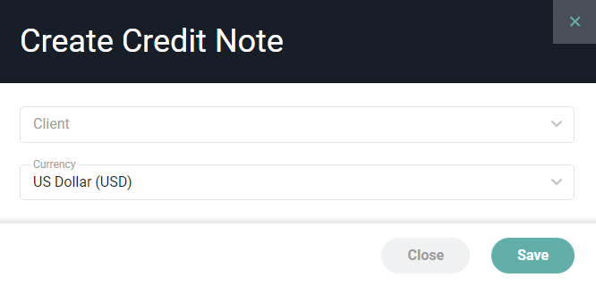 Select the Client and Currency for the new Credit Note