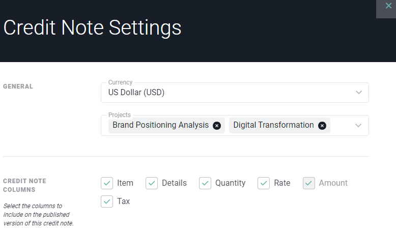 In the Credit Note Settings you can Select the Projects with which to Associate the Credit Note