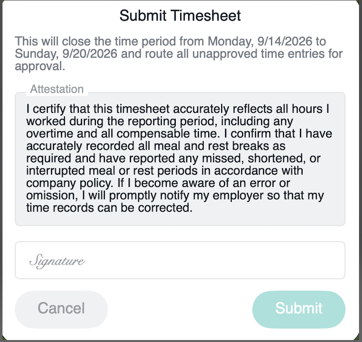 The Submit Timesheet window showing the Attestation box and the Signature field