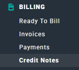 Billing menu with Credit Notes selected