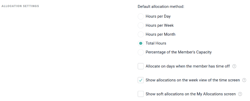 Configured Default Allocation Settings