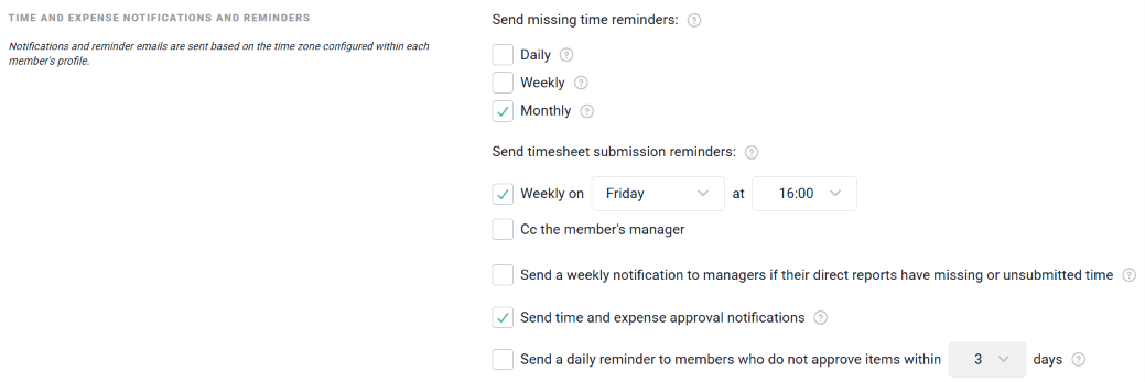 Configure Notifications / Reminders for Time Entry, Submission, and Approval