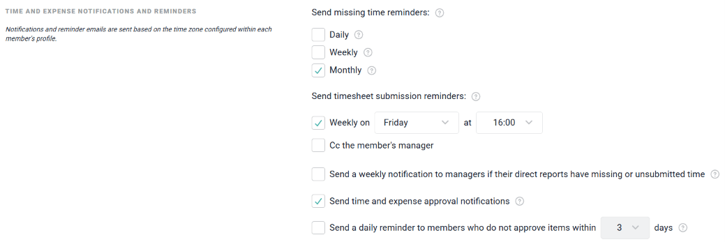 Configure Notifications / Reminders for Time Entry, Submission, and Approval