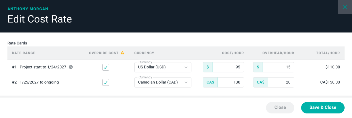 Edit a Member's Cost Rate on Each Rate Card
