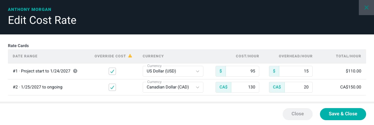 Edit a Member's Cost Rate on Each Rate Card