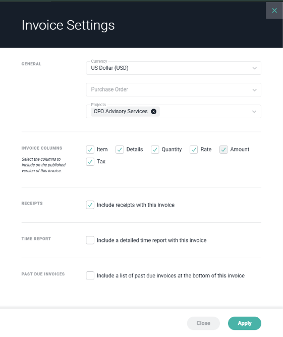The Invoice Settings drawer with General, Invoice Columns, Receipts, Time Report, and Past Due Invoices sections