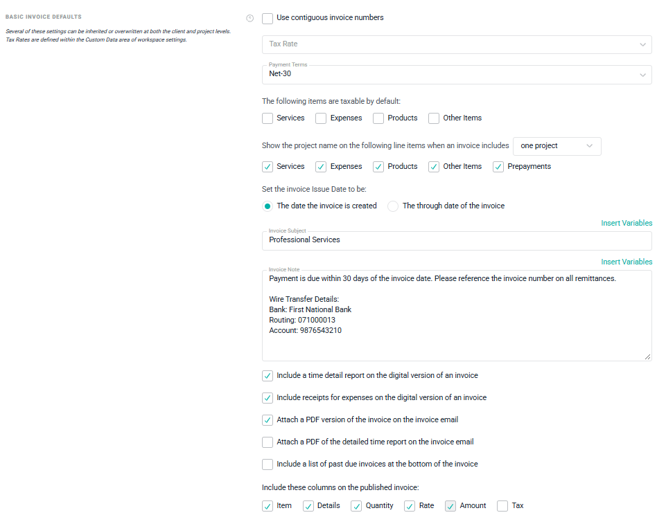 Specify Default Invoice Settings for the Workspace