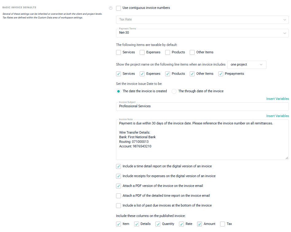 Specify Default Invoice Settings for the Workspace