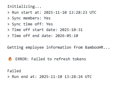 Example of the Failed to Refresh Tokens Error from BambooHR