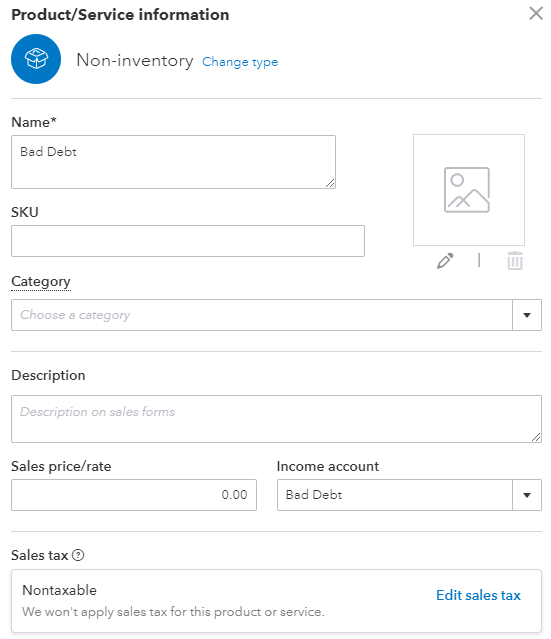 Bad Debt Non-Inventory Product/Service Item