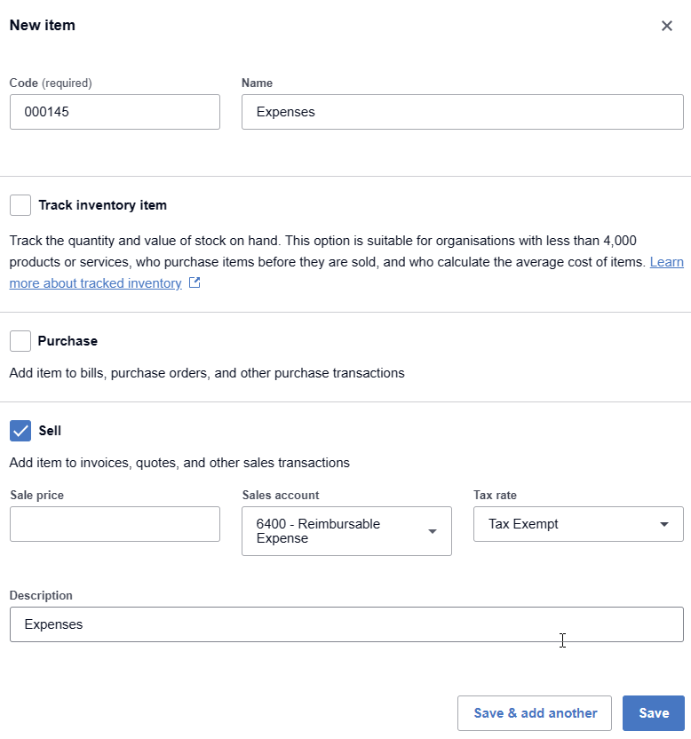 Create a Product/Service for Expenses in Xero