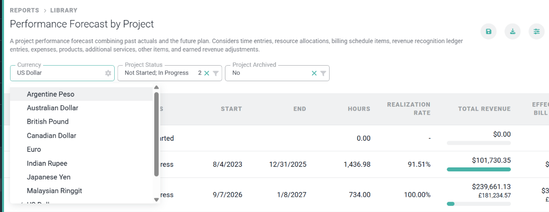Selecting the Currency in Which to View a Performance Report