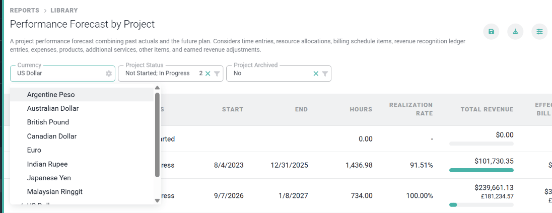 Selecting the Currency in Which to View a Performance Report