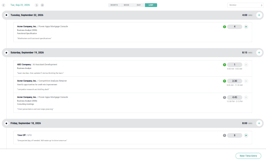 Viewing Time Entries in List View