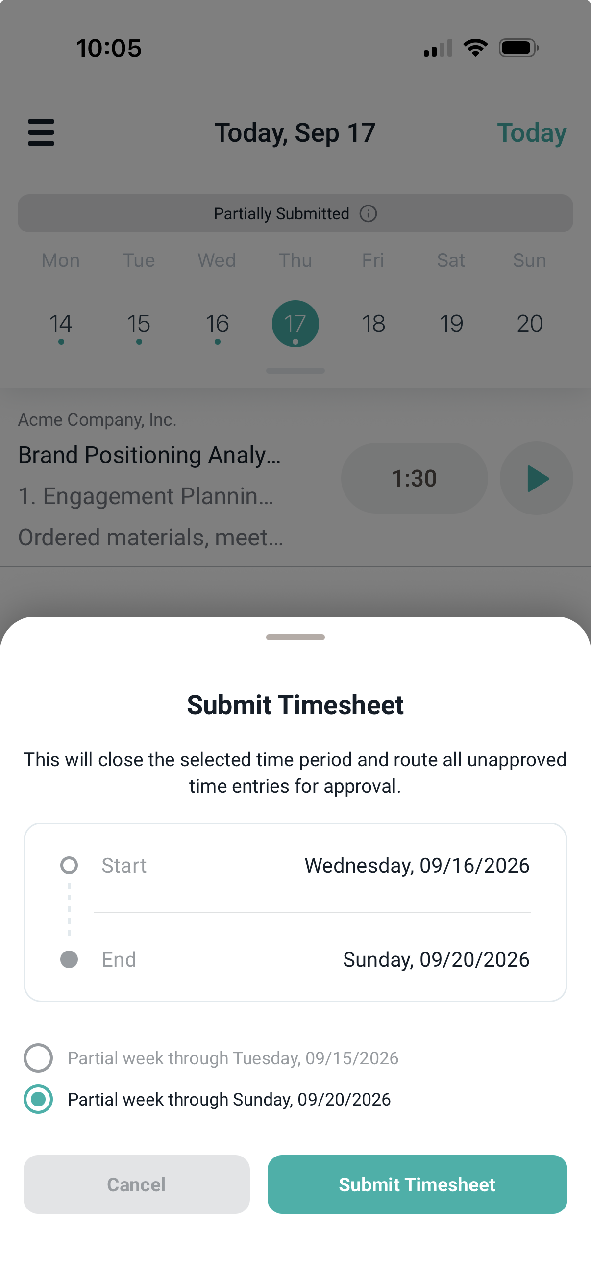 The Submit Timesheet sheet showing two selectable timesheet periods