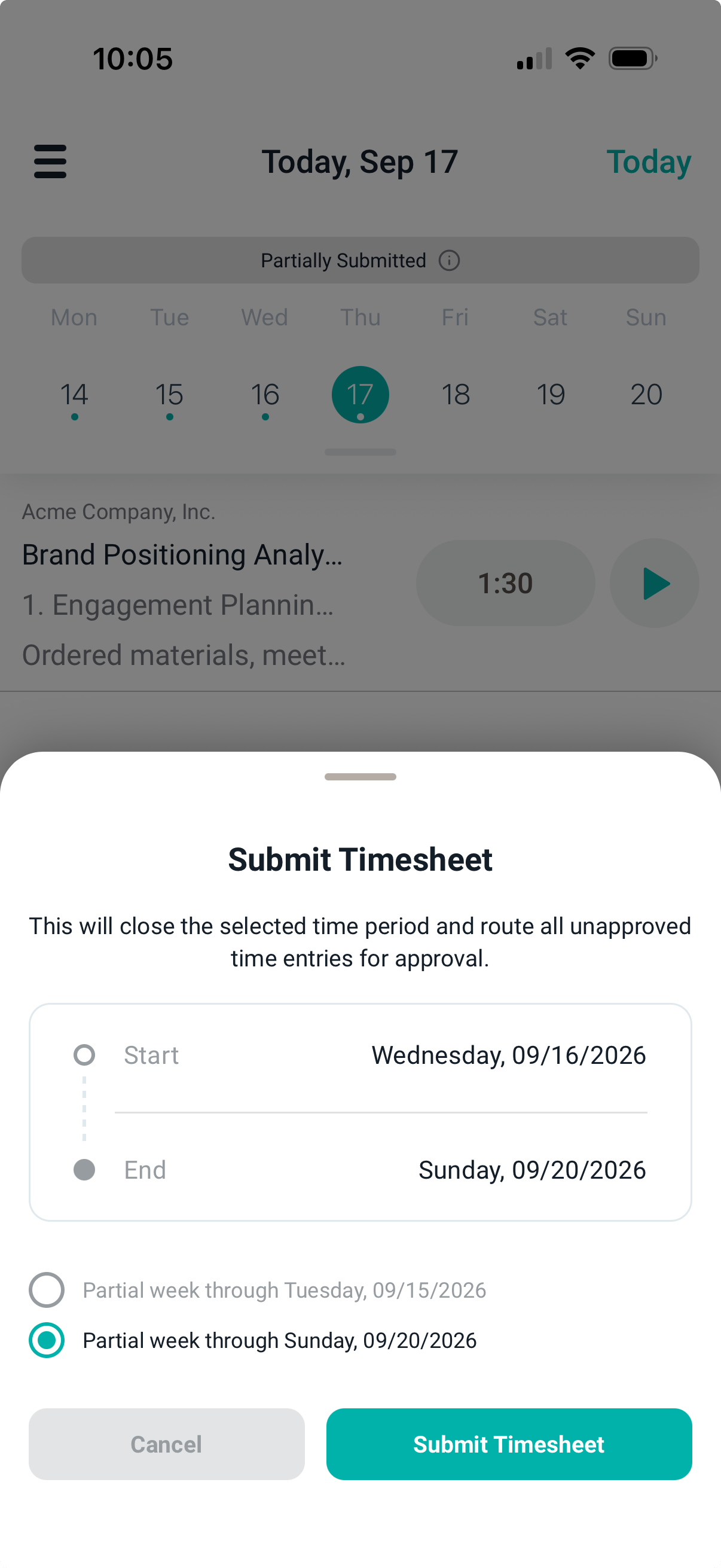 The Submit Timesheet sheet showing two selectable timesheet periods