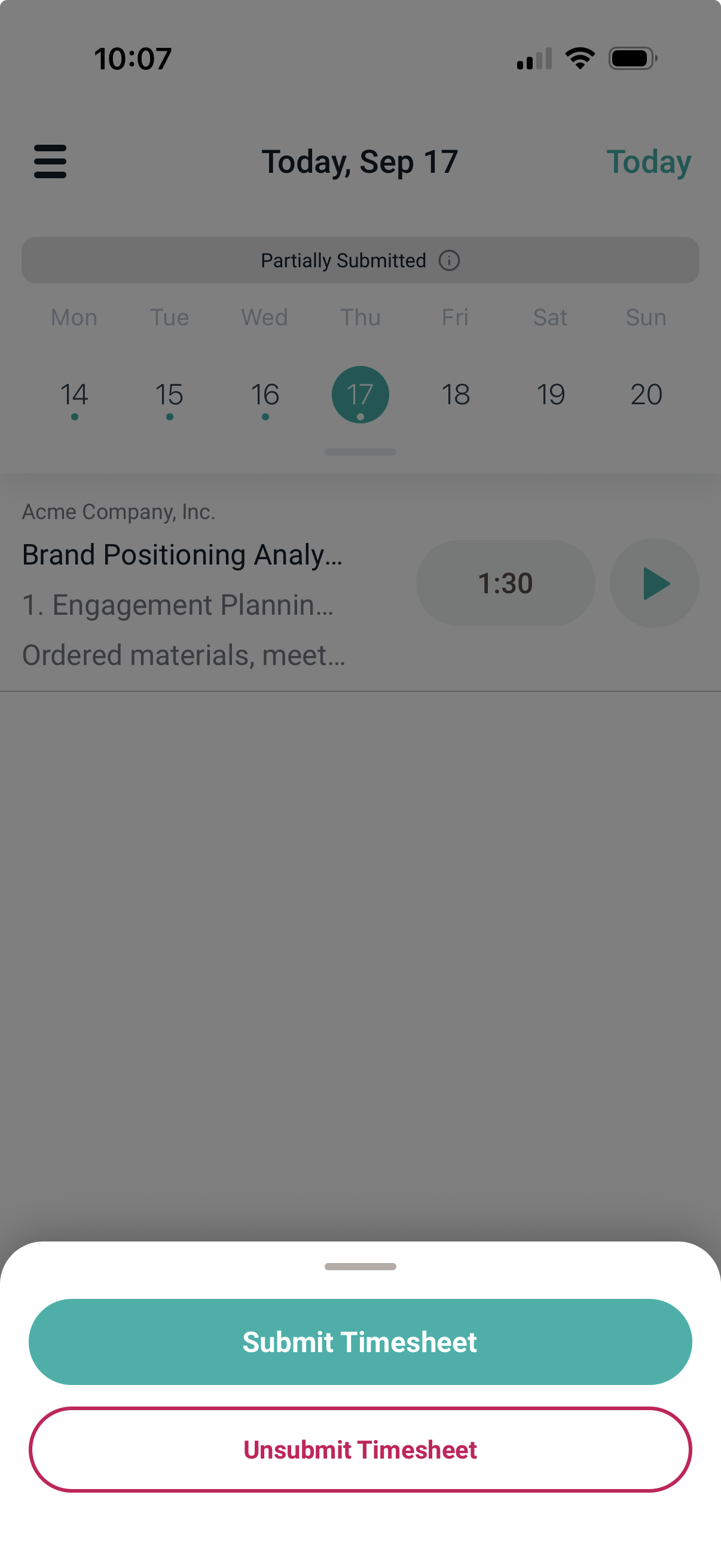 The sheet opened from the three-dot button, showing the Unsubmit Timesheet option
