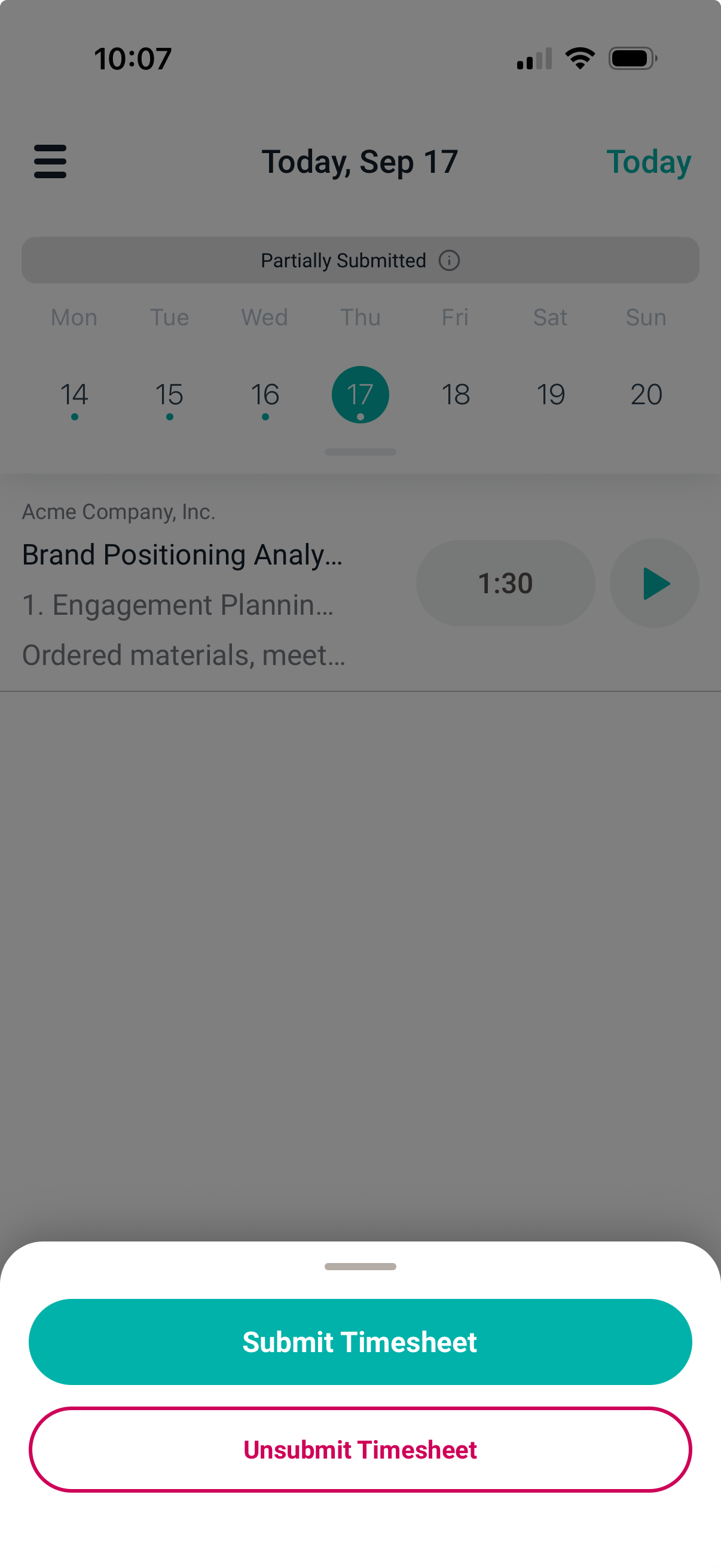 The sheet opened from the three-dot button, showing the Unsubmit Timesheet option