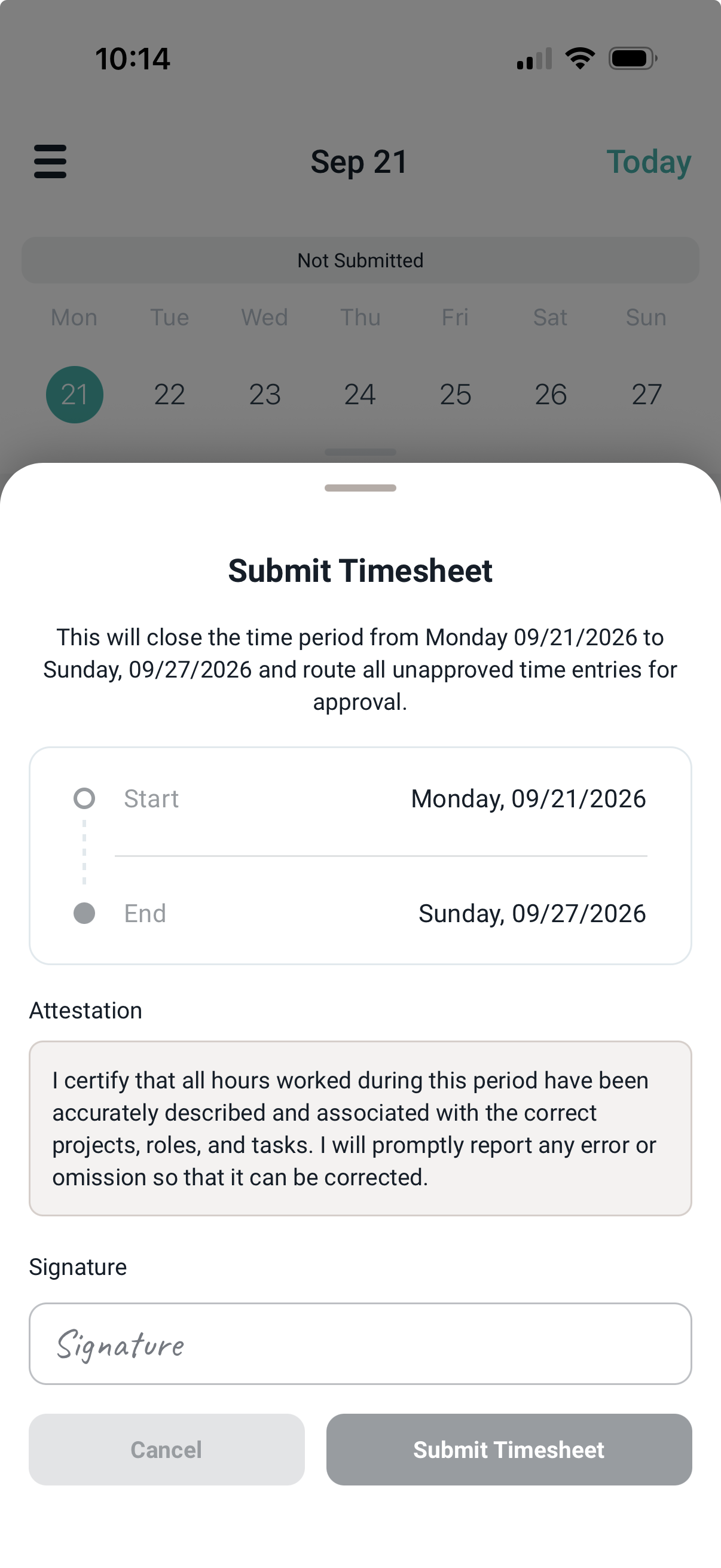 The Submit Timesheet sheet with attestation text and a Signature field