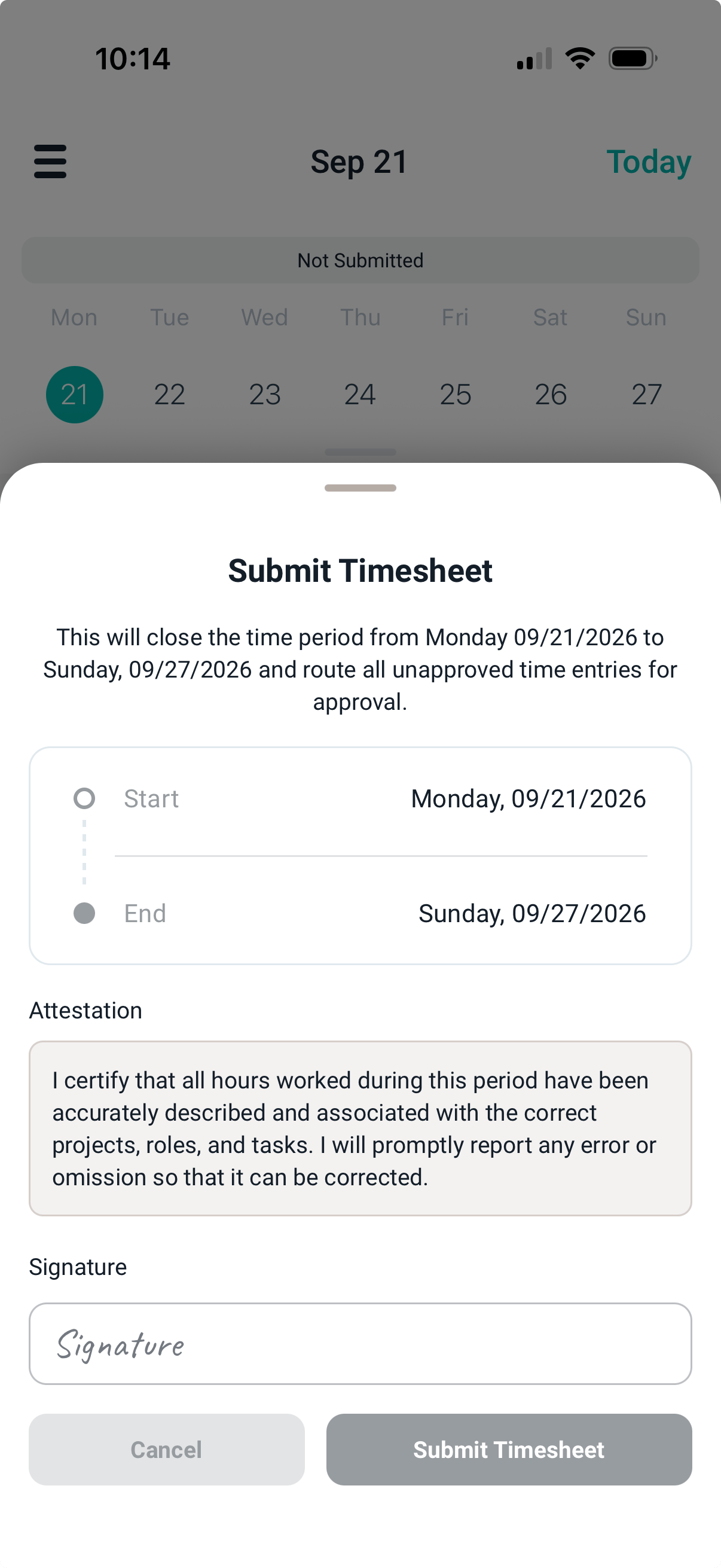 The Submit Timesheet sheet with attestation text and a Signature field