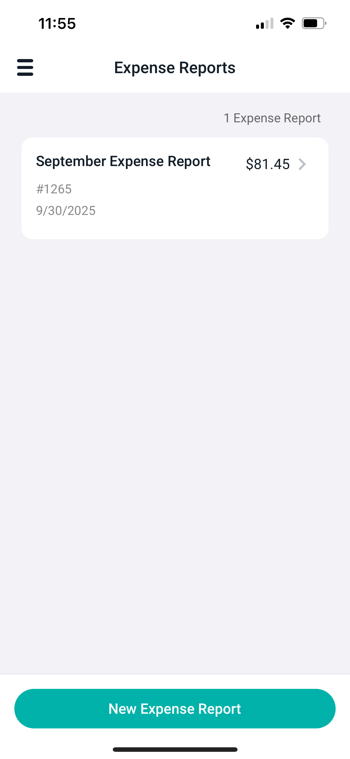 The expense reports screen with the New Expense Report button