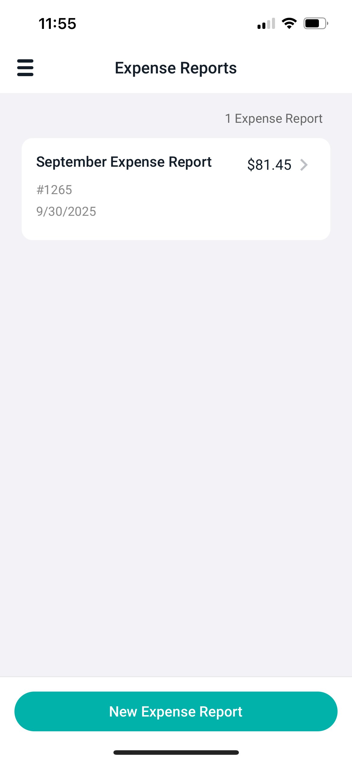 The expense reports screen with the New Expense Report button