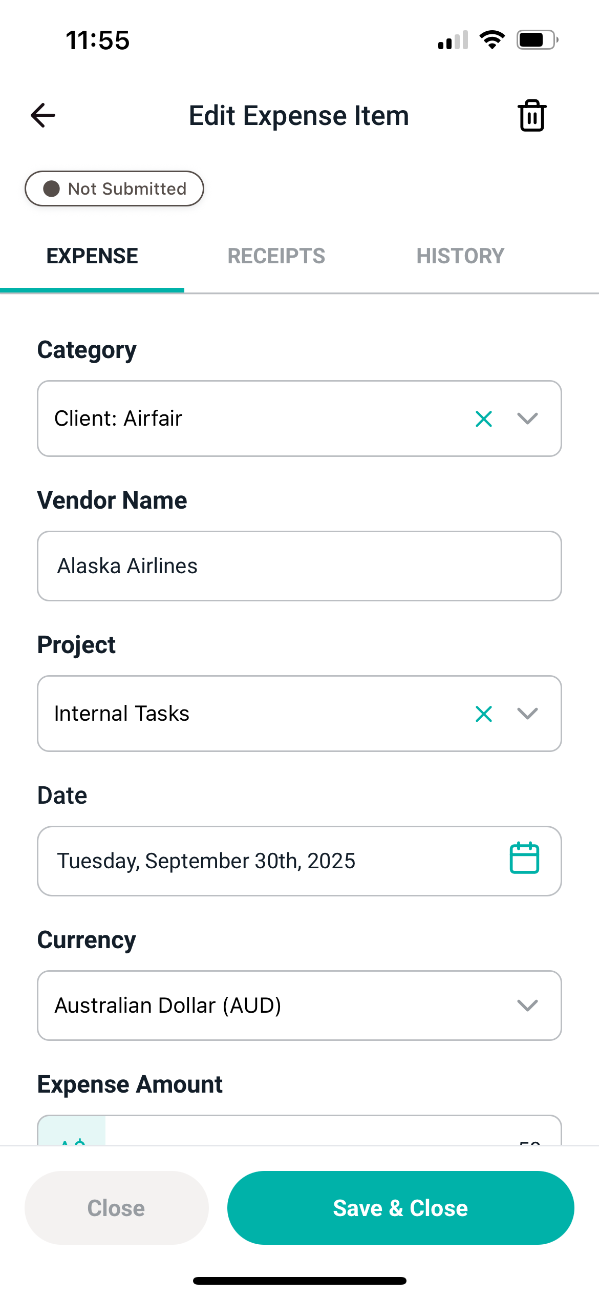 Editing an existing expense item